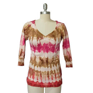 Vintage 90s Glima Tie Dye Top Size S Pink Brown V Neck ASO 1990s Raw Hem